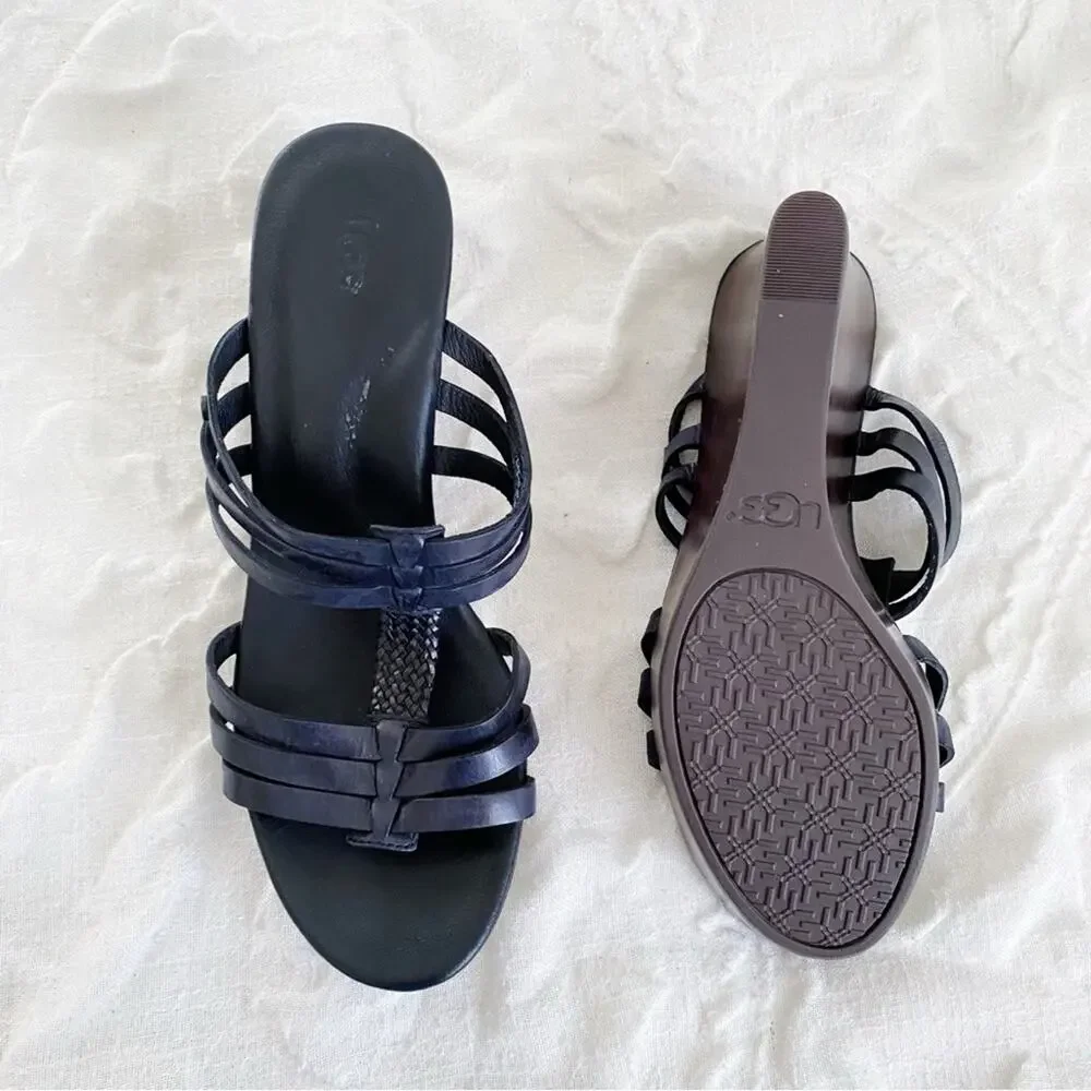 Ugg Black Mattie Leather PlatformWedge Sandal Size 9W